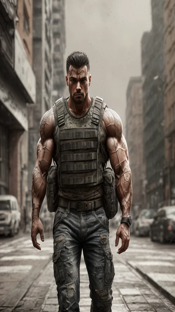 strong muscular man, street angry, backpack, epic realistic, photo, faded, complex stuff around, intricate background, soaking wet, neutral colors, ((((hdr)))), ((((muted colors)))), intricate scene, artstation, intricate details, vignette