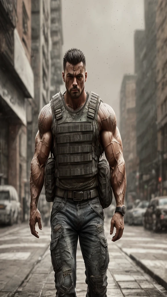 strong muscular man, street angry, backpack, epic realistic, photo, faded, complex stuff around, intricate background, soaking wet, neutral colors, ((((hdr)))), ((((muted colors)))), intricate scene, artstation, intricate details, vignette
