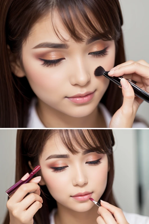 A beautiful beauty consultant is putting makeup on someone