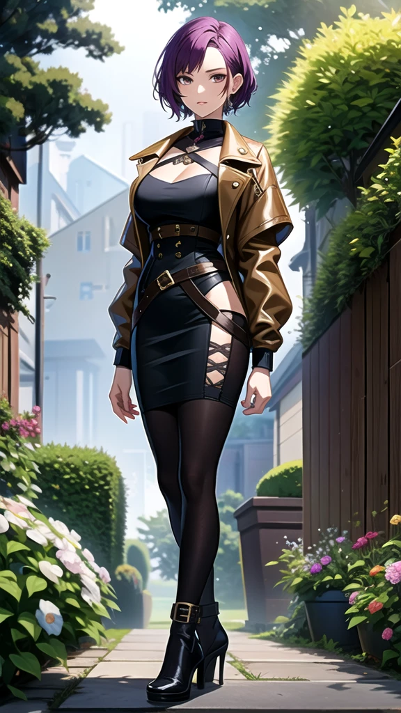 1 girl with short purple hair, gold brown eyes, and carmel skin. The girl is wearing goth eclectic fashion style and is standing in a garden during a storm.