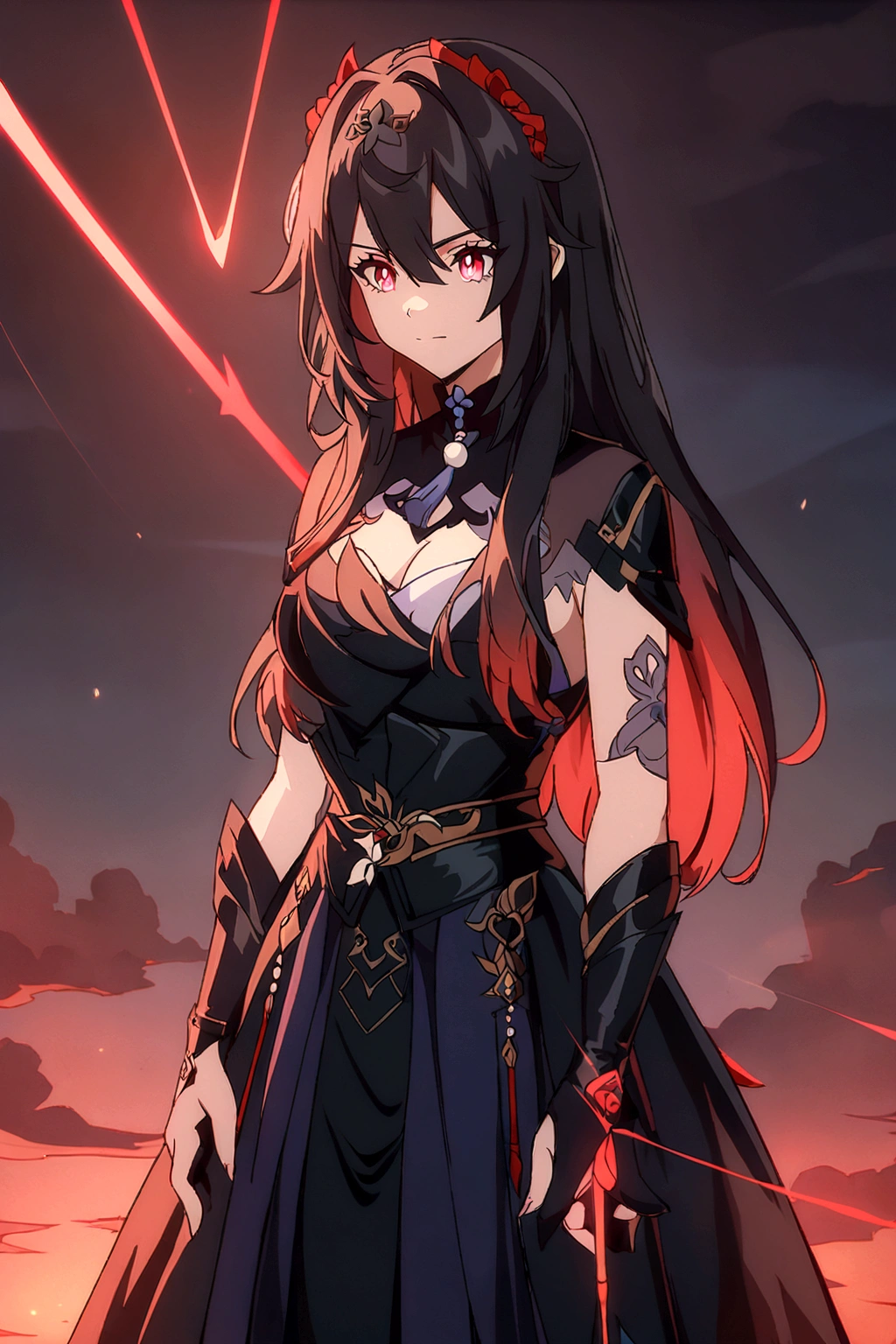 anime girl with long black hair and red eyes in a black dress, badass anime 8 k, ayaka genshin impact, anime girl wearing a black dress, anime girl with a bow and arrow, keqing from genshin impact, with red glowing eyes, anime art wallpaper 8 k, from arknights, anime moe artstyle, female anime character, with glowing red eyes