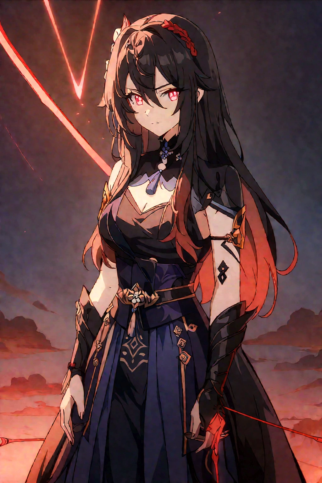 anime girl with long black hair and red eyes in a black dress, badass anime 8 k, ayaka genshin impact, anime girl wearing a black dress, anime girl with a bow and arrow, keqing from genshin impact, with red glowing eyes, anime art wallpaper 8 k, from arknights, anime moe artstyle, female anime character, with glowing red eyes