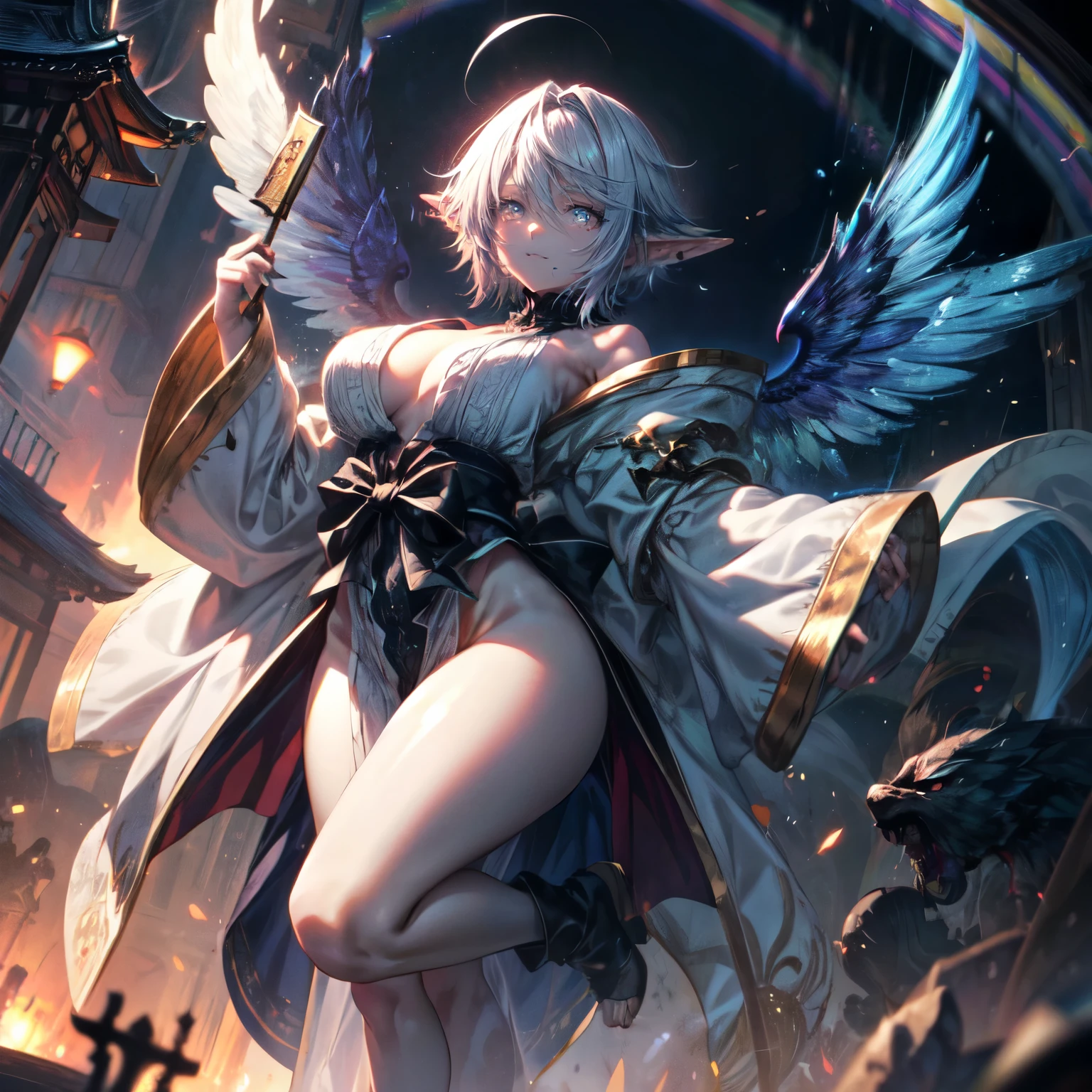 Fullbody, reference sheet, feet, standing up, Masterpiece, mage, magic power, detailed anime poster, ((( four wings))), 1girl,solo elf pointy ears,huge breasts, ghost costume , (hitodama) ,night, tombstone, graveyard,,, long sleeves, very long sleeves, , ghost, pale skin,, off shoulder, cleavage, no bra, (((extremely long white hair))), leotard, bare legs, shredded tattered clothes, curvy wide hips, massive breasts, chubby thighs, (((beautiful rainbow colors anime eyes))), japanese temple,