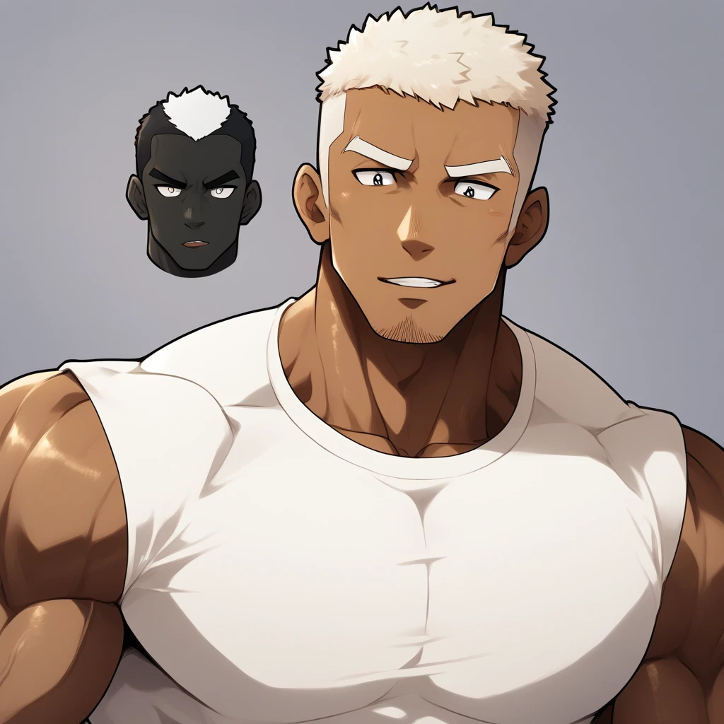negro, negro, negro, anime characters：Gyee, Fitness coach, negro black skin, 1 muscular tough guy, Manliness, male focus, Cream White Sleeveless Tight T-Shirt, Very tight, The pectoral muscles are oversized, Slightly transparent, muscular male, muscular, only, Upper body, alone, White short hair, Thick eyebrows, stubble, Obsidian-like pupils, Shiny, Grey background, simple background, amazing quality, best aesthetics, Ridiculous, bright pupils, crew cut, parted lips, seductive smile, torogao, naughty face, drop shadow, best quality