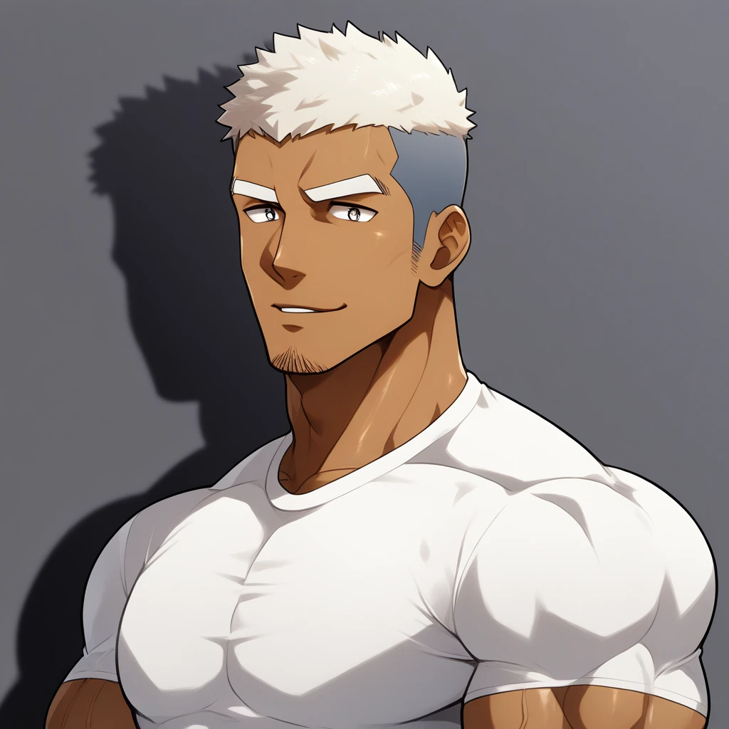 negro, negro, negro, anime characters:Gyee, Fitness coach, negro black skin, 1 muscular tough guy, Manliness, male focus, Cream White Sleeveless Tight T-Shirt, Very tight, The pectoral muscles are oversized, Slightly transparent, muscular male, muscular, only, Upper body, alone, White short hair, Thick eyebrows, stubble, Obsidian-like pupils, Shiny, Grey background, simple background, amazing quality, best aesthetics, Ridiculous, bright pupils, crew cut, parted lips, seductive smile, torogao, naughty face, drop shadow, best quality