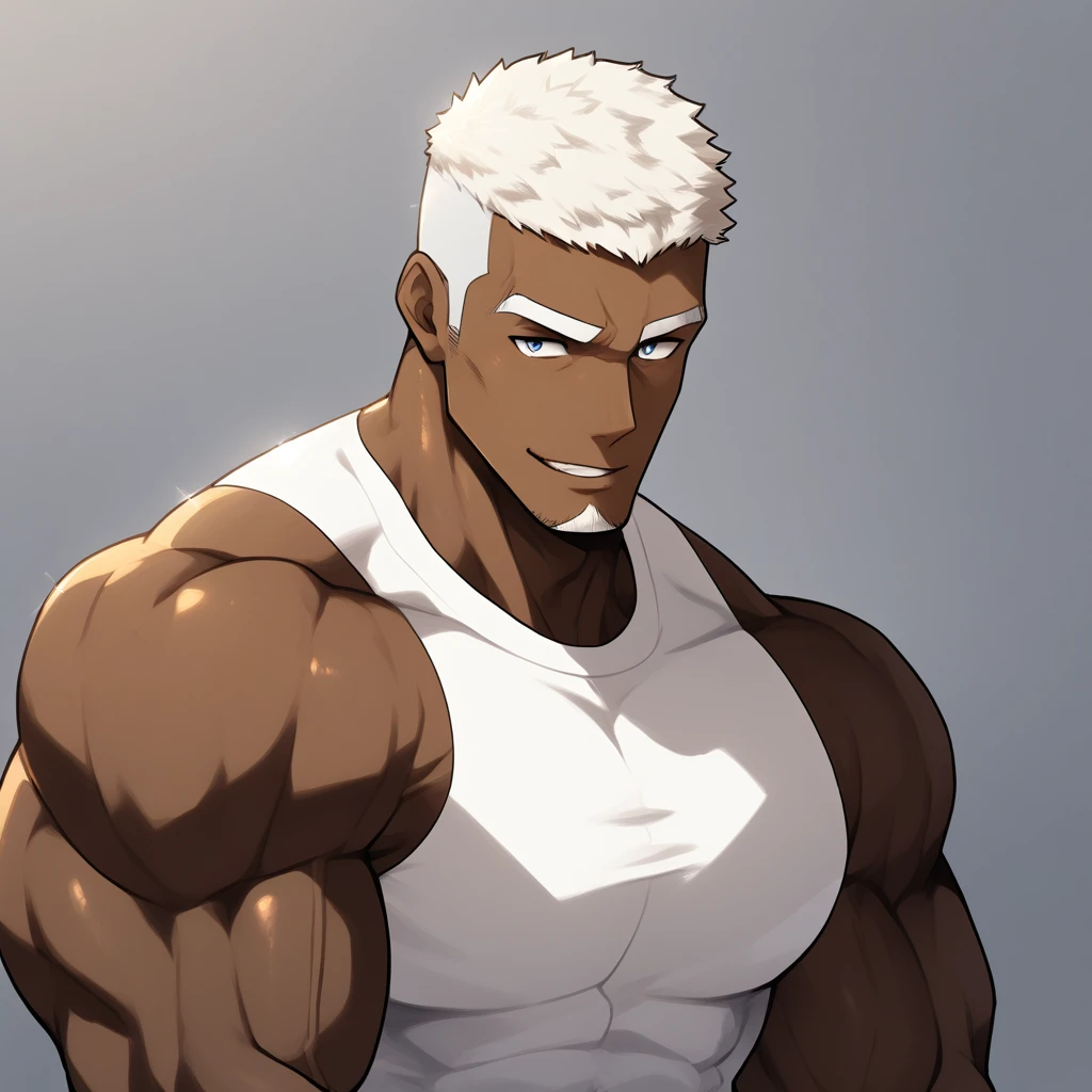 negro, negro, negro, anime characters:Gyee, Fitness coach, negro black skin, 1 muscular tough guy, Manliness, male focus, Cream White Sleeveless Tight T-Shirt, Very tight, The pectoral muscles are oversized, Slightly transparent, muscular male, muscular, only, Upper body, alone, White short hair, Thick eyebrows, stubble, Obsidian-like pupils, Shiny, Grey background, simple background, amazing quality, best aesthetics, Ridiculous, bright pupils, crew cut, parted lips, seductive smile, torogao, naughty face, drop shadow, best quality