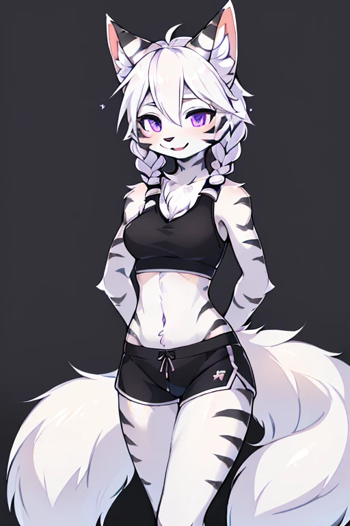 ( Absurdly , High quality , ultra detailed ) ,( hand detailed ) , 1girl, solo, mature, absurdres(highly detailed beautiful face and eyes)perfect anatomy Solo, Young Female white fox-cat (((lean-body))) (((medium breasts))) (short snout),(((fur (black stripe) between neck and shoulder towards chest))) ((fur (black stripes) on waist))(ears are darker), ((violet eyes)), (cat tail (black at end)), (white hair (single-braided)), ((Female wolf)) ((fox cat)), (detailed eyes), (clevedge, (collarbone, shoulders), (solo, (1girl)) ((((fluffy white fur)))), white hands, ((extremely detailed fur)) ((hair in face)) (big braid), (thin long tail) (extremely detailed eyes), (black short shorts) (black sports bra), white hands, multiple emotions, happy, barefoot 