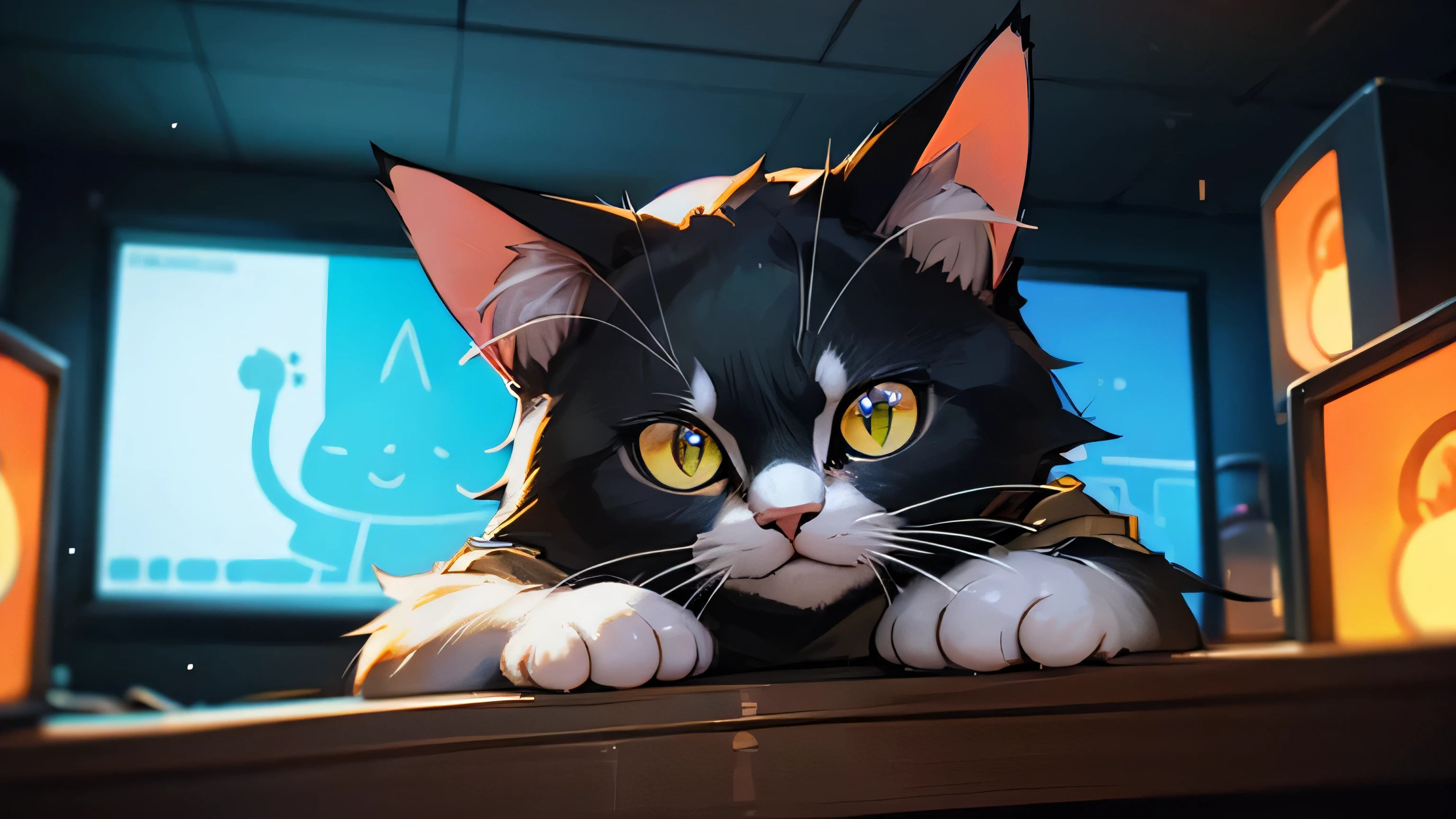 Room with speakers、Real Cat、Upper body close-up、night