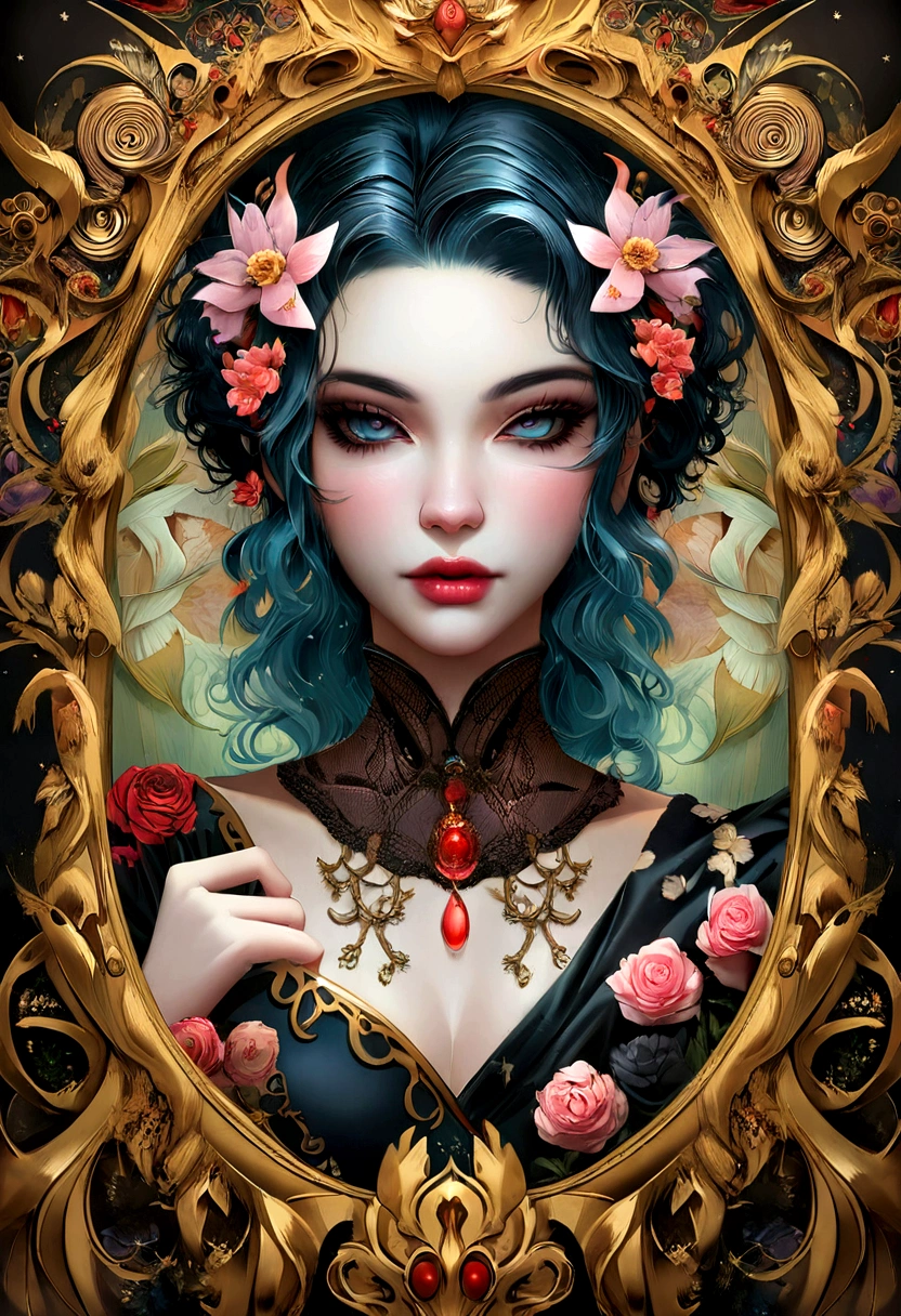 A closeup of a woman with a flowery head and a black dress, arte assombrosamente bela, natalie shau, bela arte digital, lindo arte digital, karol bak uhd, estilo de Karol Bak, linda arte digital linda, Natalie Shau Tom Bagshaw, bela arte digital, retrato surreal bonito, arte digital impressionante, Arte Surrealista Emocional