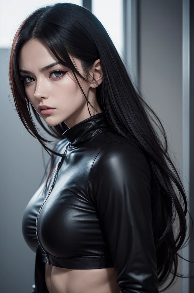 in manga style Agent Red is a killer. With her rough features, dark figure, tall and muscular. This isn't healthy pretty, this is Ill pretty, her eyes are dead and tired, her lips plump and juicy, and her jawline sharp as fuck. She is deadly as hell, and don't have a soft spot for anyone. Her hair is black, her eye color is black, her aura was black.