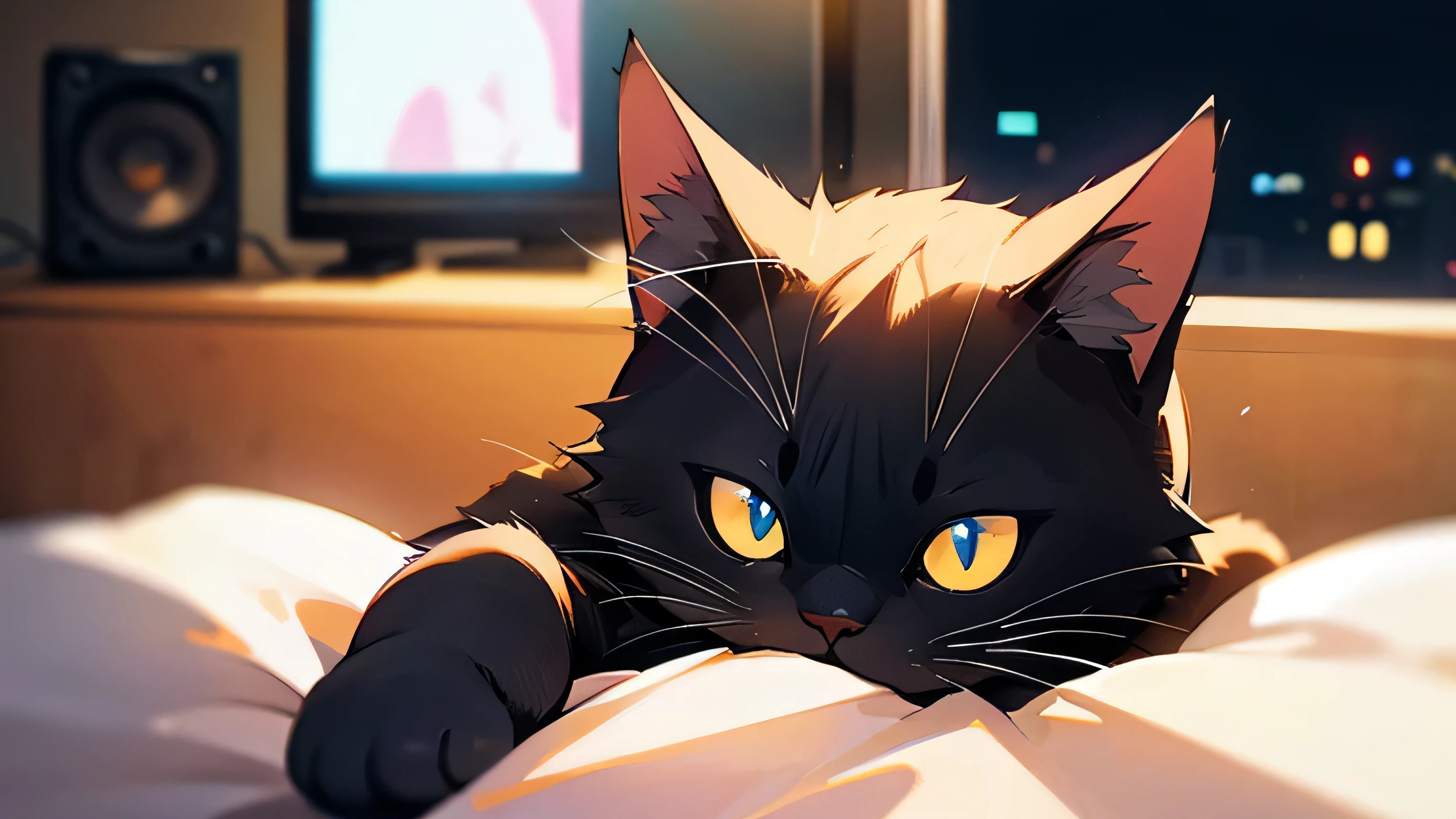Room with speakers、Real Cat、Upper body close-up、night