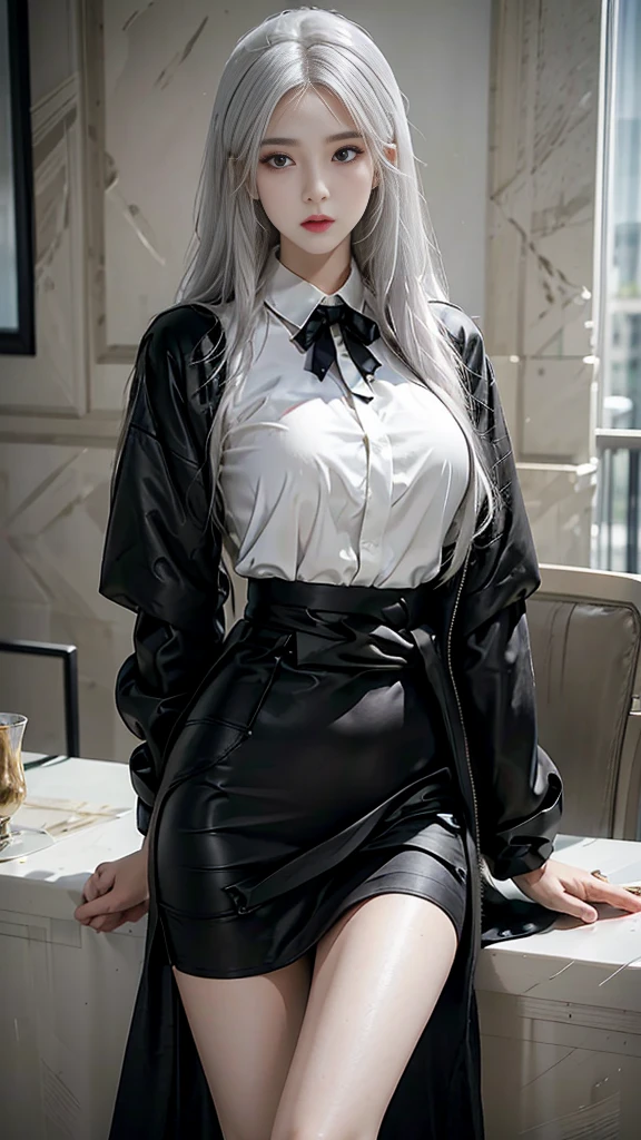 Reality, high resolution, 1 female, Solitary, Above the waist, beautiful eyes, Close your lips, Delicate face, White hair, Long hair, Collared shirt, Black tie,Black skirt, Pencil Skirt, Fur coat, stocking
