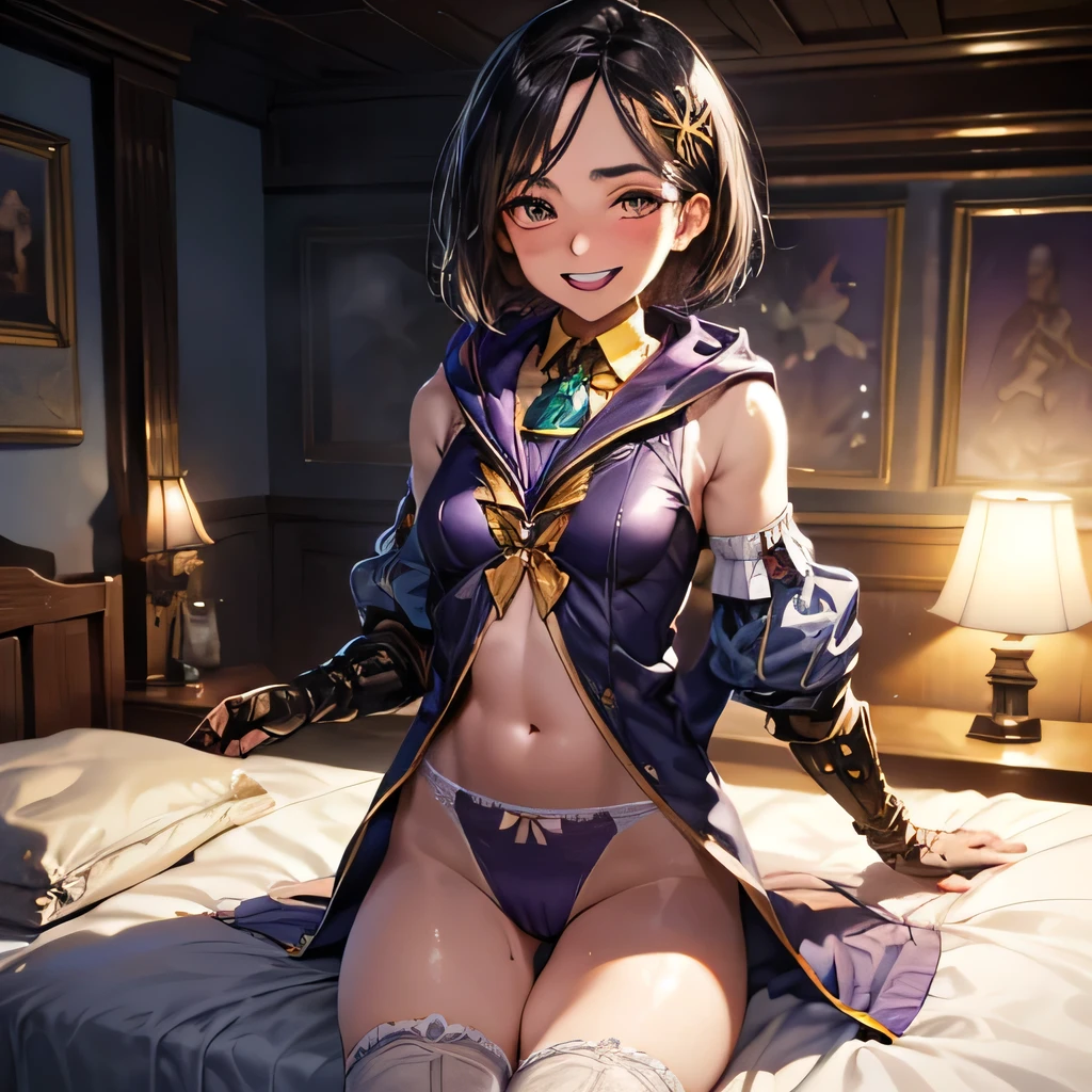 ultra-detailed,best quality,masterpiece,ultra-detailed,high resolution,extremely detailed CG,perfect anatomy,detailed,cinematic lighting,beautiful detailed eyes,ultra high res,solo,(solo focus:1.6),1girl,(:1.4),(tall:1.6),gleaming skin,oil skin,sweat,humid,trembling,strong light coming in,spot lighting,bright,clothed,(purple fancy underwear:1.2),(bed:1.2),(seductive smile:1.8),(open mouth:1.3),pov,(naughty :1.3),(slut:1.25),(vulgarity:1.25),Rinwell, short hair, hair ornament, skirt, thighhighs, fingerless gloves, detached sleeves, hood down, sleeveless coat