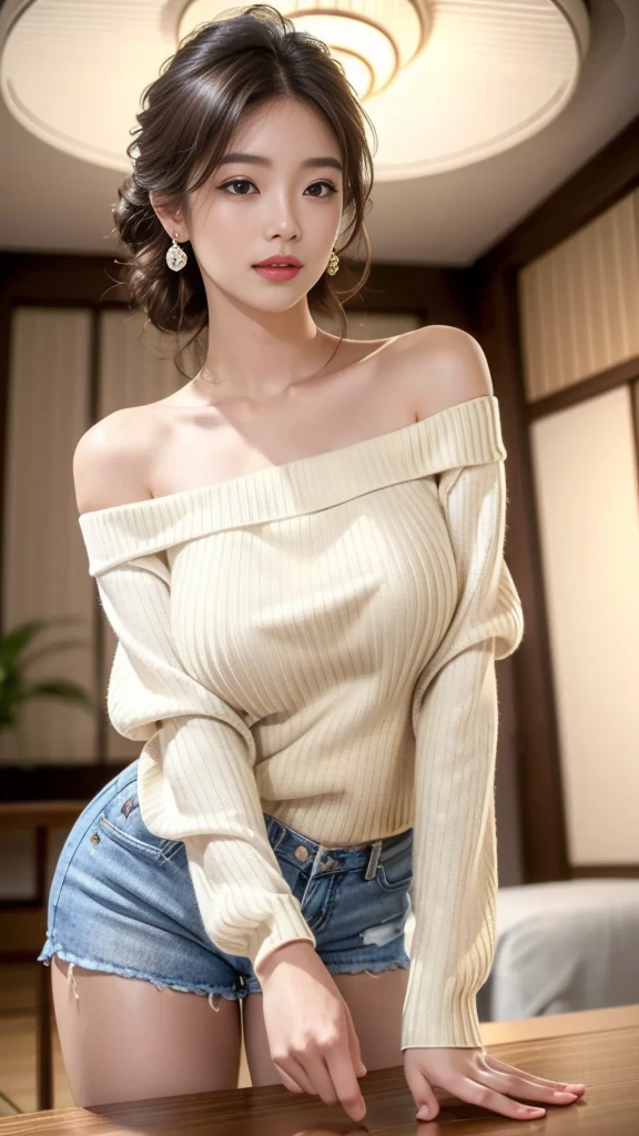 (Beautiful Japanese woman in the photo，1 person、28 years old、whole body，Fukaya，Diamond Earrings，Surface Focus，Sexy pose，Looking at the audience，(8K、original photo、Top quality、masterpiece:1.2)、(Realist、Photorealistic:1.37)、Dark brown hair、Detailed face、Delicate lips、Delicate eyes、More Skins、Double eyelids、(Big breasts:1.5)、(On the table), best quality, bloom, Exquisite,, (From below), (Ribbed sweater:1.3), Off-shoulder sweater, (shorts:1.2), Bare shoulders, (Lower breasts:1.2), ((Dark Skin:0.8)), beautiful eyes, (Messy hair ), Over the shoulder shot, professional, Canon Camera, Nikon Camera, sharp, Bokeh, Studio Quality, Fisheye lens