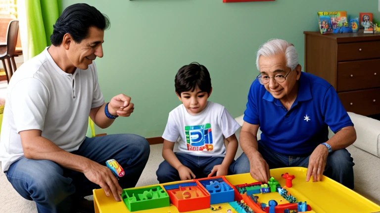 un abuelo jugando con sus dos nietos chicos