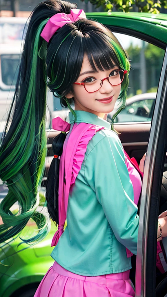 best quality,masterpiece,uniform, Hate, Upper Body,Long ponytail hairstyle,black hair and green hair, Good-looking hair accessories, Eye color is light green,Wearing red glasses, White skin,Smile,Bangs,Happy hair,Front view of the vehicle,Pink sailor suit,