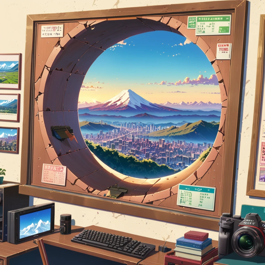 ((anime:1.4,illustration)),(masterpiece, top quality, best quality),(ultra-detailed, absolutely resolution),((16k, high res)), (((drilled snowy mountain, blue sky, city reflected in the hole)), ((landscape, wide shot, long shot)) ((cozy lofi illustration:1.4)), ((anime:1.4, illustration)),(masterpiece, top quality, best quality),(ultra-detailed, absolutely resolution),((16k, high res)) BREAK {lofi art, style of Laurie Greasley, style of Makoto Shinkai, anime aesthetic}, BREAK { (produces images with information than 40 million pixels with cinematic-like detailed textures shot on a Sony SLR).}