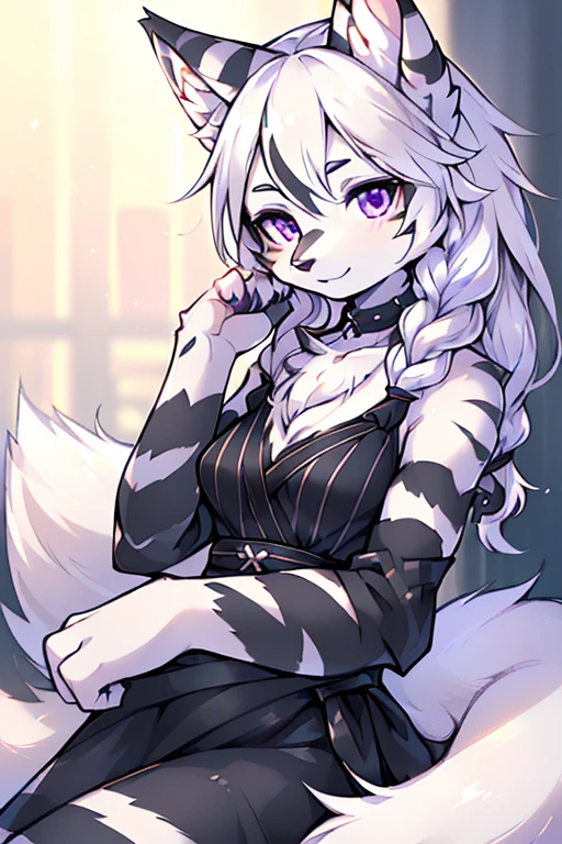 ( Absurdly , High quality , ultra detailed ) ,( hand detailed ) , 1girl, solo, mature, absurdres(highly detailed beautiful face and eyes)perfect anatomy Solo, Young Female white fox-cat (((lean-body))) (((medium breasts))) (short snout),(((fur (black stripe) between neck and shoulder towards chest))) ((fur (black stripes) on waist))(ears are darker), ((violet eyes)), (cat tail (black at end)), (white hair (single-braided)), ((Female wolf)) ((fox cat)), (detailed eyes), (clevedge, (collarbone, shoulders), (solo, (1girl)) ((((fluffy white fur)))), white hands, ((extremely detailed fur)) ((hair in face)) (big braid), (thin long tail) (extremely detailed eyes), white hands, multiple emotions, happy, barefoot 