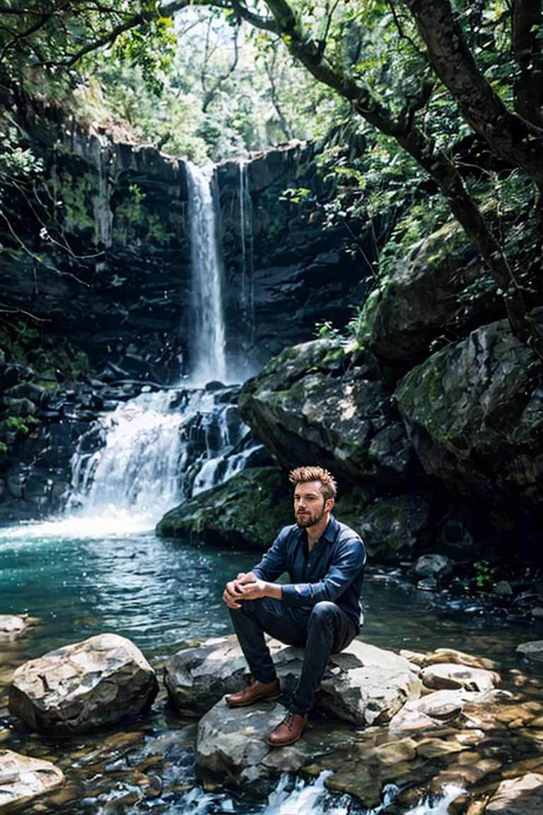 shot by Sony a7 IV Mirrorless Camera, natural light, analog film photo, Kodachrome ,in a magical crystal world , a handsome men is sitting near a waterfall