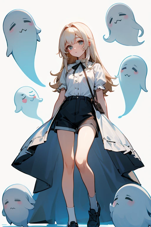 ola.please create a female character with a white blouse that reaches the knees, black shorts and hair down to the knees.With cute ghosts and leave her standing