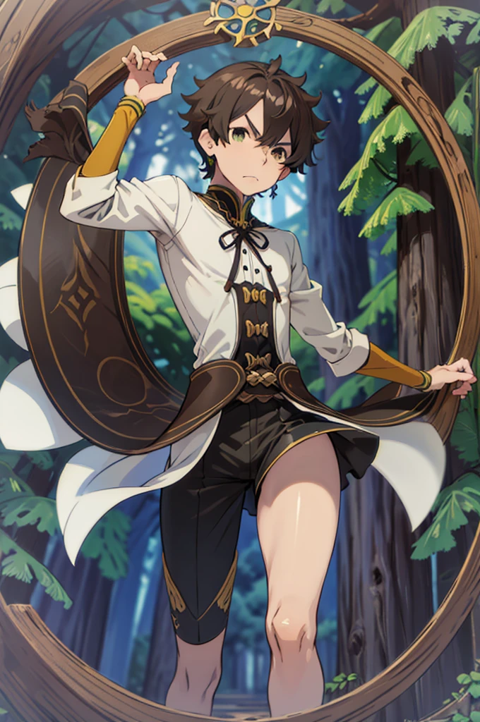 Masterpiece, High quality, High quality of art, best quality, best details, anime lineart, Re:Zero art style, 1boy, dark brown hair, Length of hair to the neck, dark brown green eyes color, Tall stature, Wheel of Tharma Over head, 