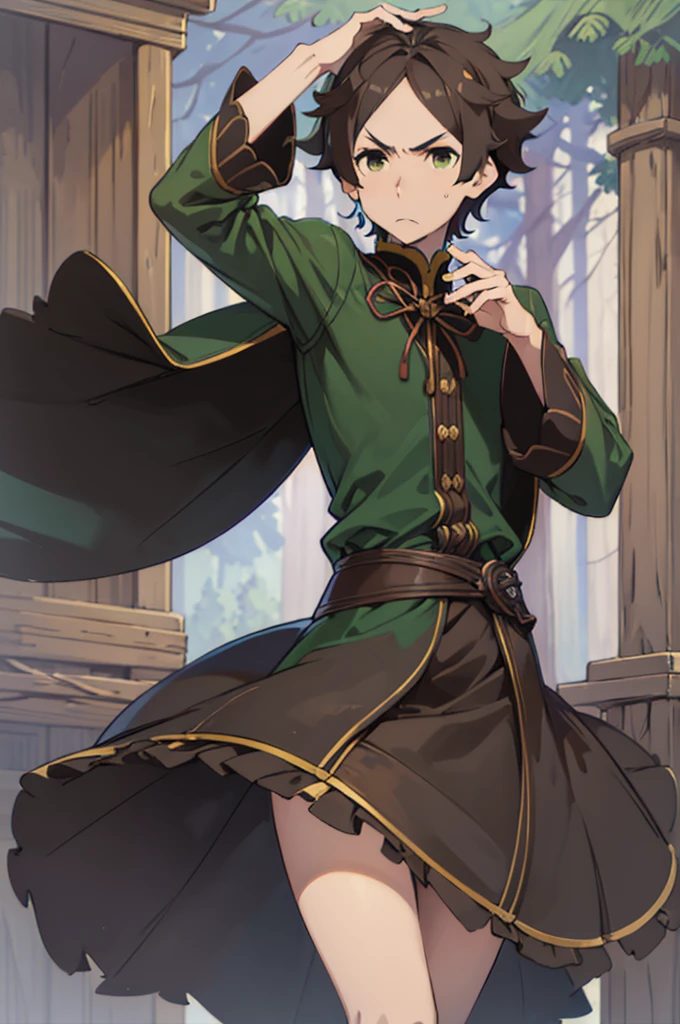 Masterpiece, High quality, High quality of art, best quality, best details, anime lineart, Re:Zero art style, 1boy, dark brown hair, Length of hair to the neck, dark brown green eyes color, Tall stature, Wheel of Tharma Over head, 