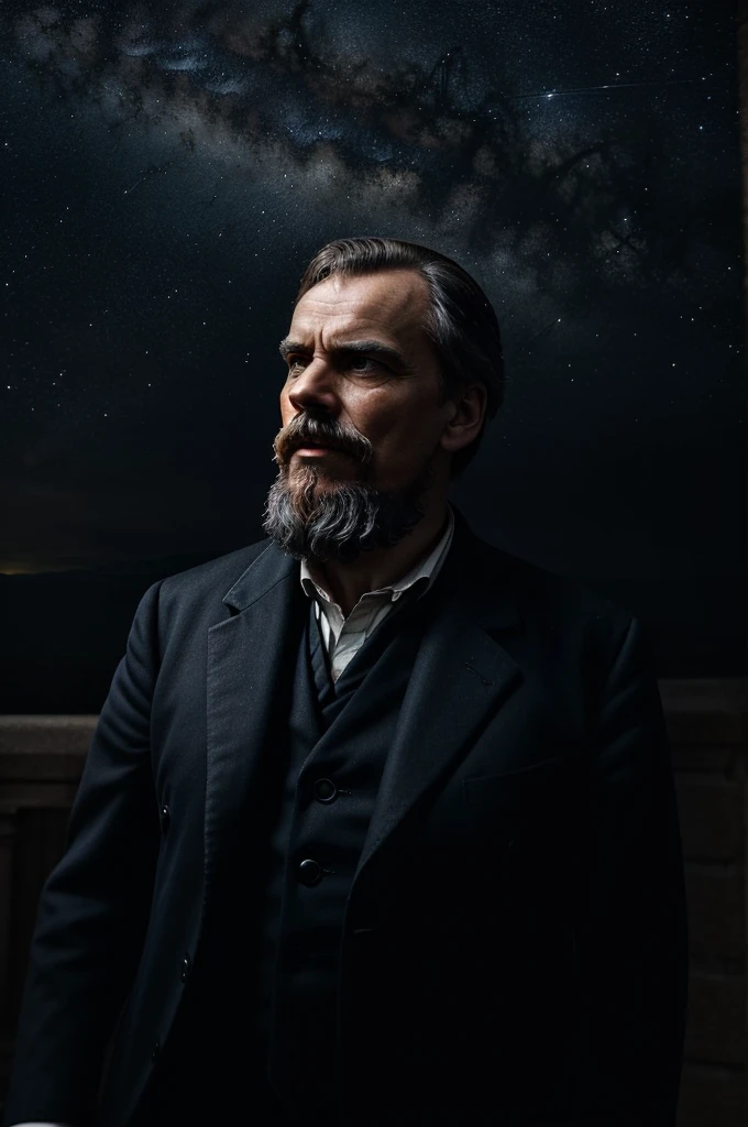 Imagine a celestial scene where Friedrich Nietzsche and God are engaged in an intense debate about morality. The setting is grand, with a starry sky and golden clouds floating around. God, a majestic and serene figure, radiates divine light, while Nietzsche, with an expression of defiance and determination, gestures passionately.


