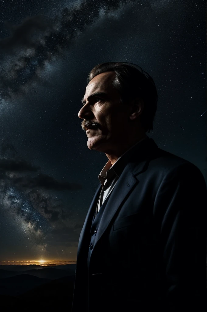 Imagine a celestial scene where Friedrich Nietzsche and God are engaged in an intense debate about morality. The setting is grand, with a starry sky and golden clouds floating around. God, a majestic and serene figure, radiates divine light, while Nietzsche, with an expression of defiance and determination, gestures passionately.

