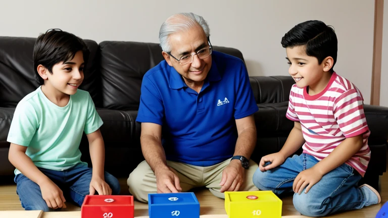 un abuelo jugando con sus dos nietos chicos