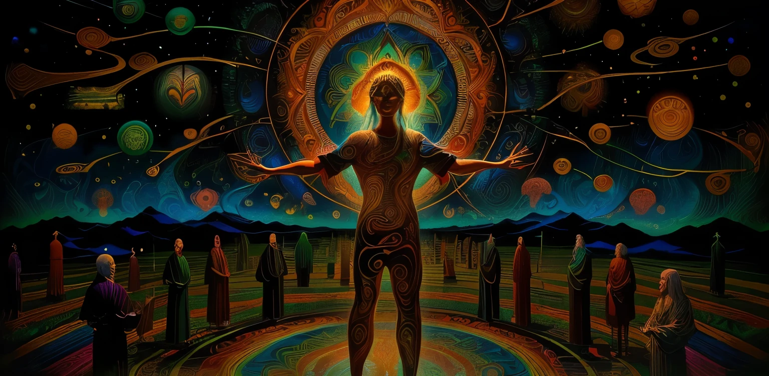 Create a painting in the style of Alex Grey, influenced by Dan Mumford, Tim Hildebrandt, and Chris Dyer. The scene should feature a man in the foreground, standing against a vibrant and colorful background. The artwork should embody psychedelic and spiritual themes, incorporating entities from DMT experiences and imagery associated with LSD and psytrance art. Include emojis representing a heart ❤️, a letter 💌, an email 📧, people meditating 🧘♂️🧘♀️, a group of people 👥👥👥, and eyes watching 👀. The main figure should be immersed in an environment that reflects the unique styles of Alex Grey and Beksinski, capturing a deep spiritual journey with visually intricate details.