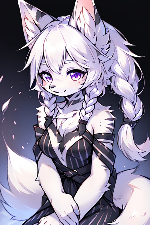 ( Absurdly , High quality , ultra detailed ) ,( hand detailed ) , 1girl, solo, mature, absurdres(highly detailed beautiful face and eyes)perfect anatomy Solo, Young Female white fox-cat (((lean-body))) (((medium breasts))) (short snout),(((fur (black stripe) between neck and shoulder towards chest))) ((fur (black stripes) on waist))(ears are darker), ((violet eyes)), (cat tail (black at end)), (white hair (single-braided)), ((Female wolf)) ((fox cat)), (detailed eyes), (clevedge, (collarbone, shoulders), (solo, (1girl)) ((((fluffy white fur)))), white hands, ((extremely detailed fur)) ((hair in face)) (big braid), (thin long tail) (extremely detailed eyes), white hands, multiple emotions, happy, barefoot