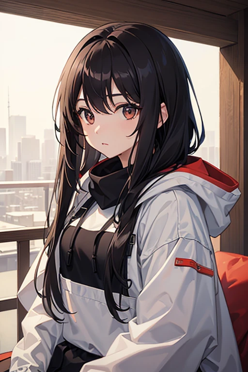 1girl, solo, looking at viewer, upper body, hood, black hair, long hair, brown eyes, mask, mouth mask