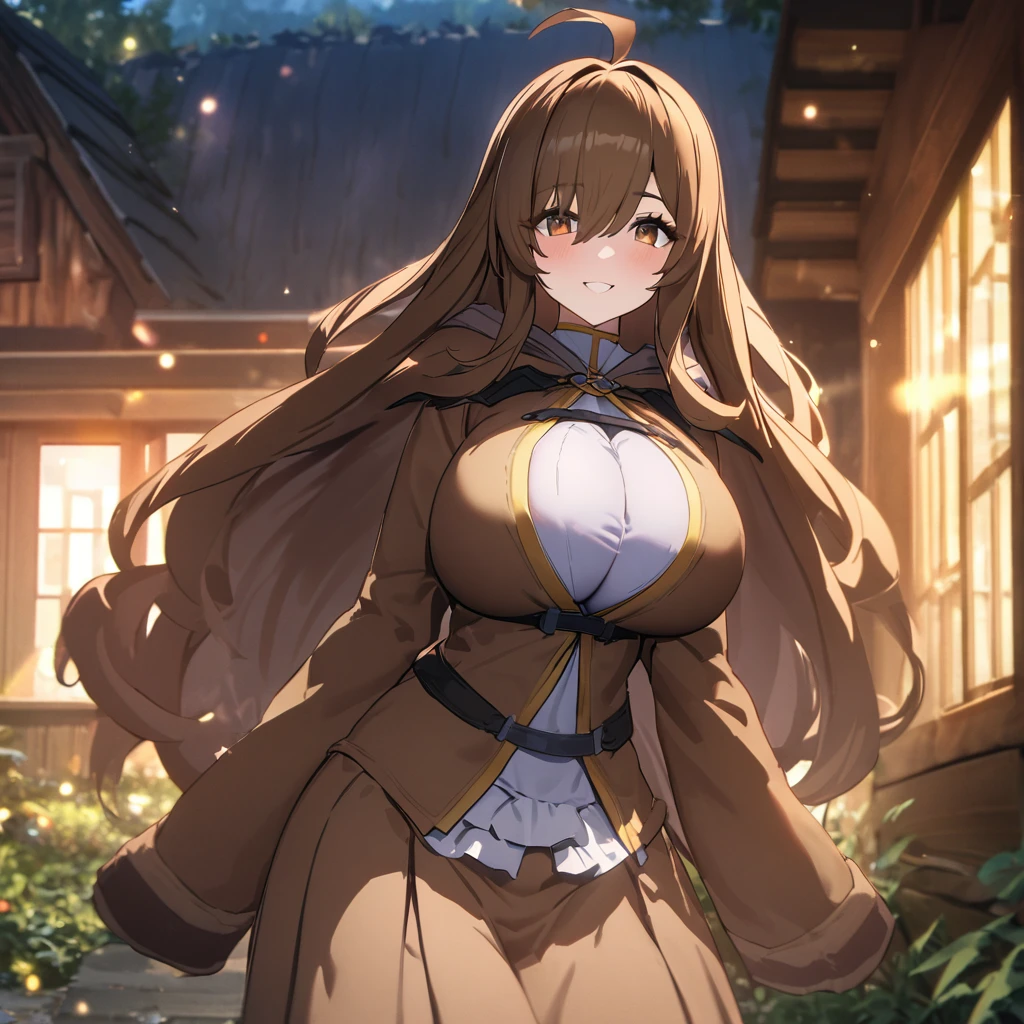 A woman wearing a cold brown jacket, luxury brown skirt, brown hair, ahoge, long hair, brown eyes, smiling, bangs in the eyes, big breasts, outside a wooden house with forest around it, forest with plantation yellow, isekai fantasy aesthetic. UHD , work- prime, precise, anatomically correct, textured skin, super details, high quality, best quality, 8k, high resolution, bokeh effect. (woman alone)
