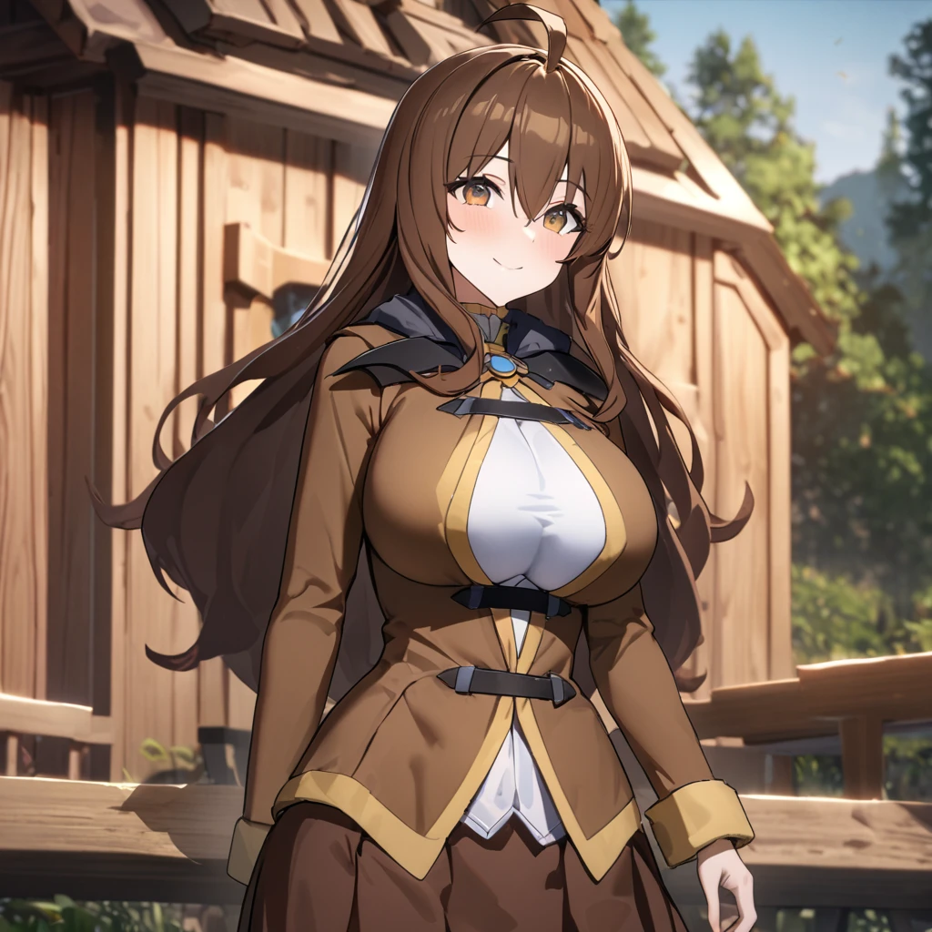 A woman wearing a cold brown jacket, luxury brown skirt, brown hair, ahoge, long hair, brown eyes, smiling, bangs in the eyes, big breasts, outside a wooden house with forest around it, forest with plantation yellow, isekai fantasy aesthetic. UHD , work- prime, precise, anatomically correct, textured skin, super details, high quality, best quality, 8k, high resolution, bokeh effect. (woman alone)
