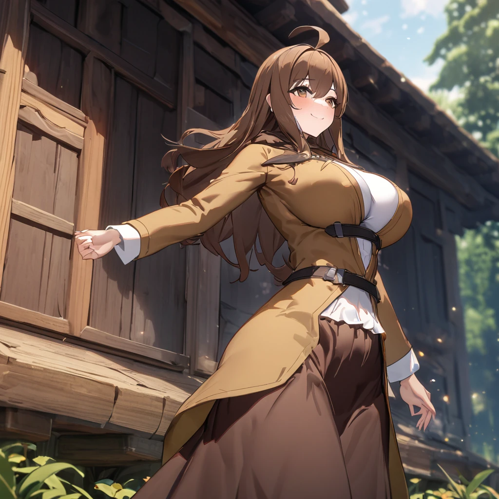 A woman wearing a cold brown jacket, luxury brown skirt, brown hair, ahoge, long hair, brown eyes, smiling, bangs in the eyes, big breasts, outside a wooden house with forest around it, forest with plantation yellow, isekai fantasy aesthetic. UHD , work- prime, precise, anatomically correct, textured skin, super details, high quality, best quality, 8k, high resolution, bokeh effect. (woman alone)
