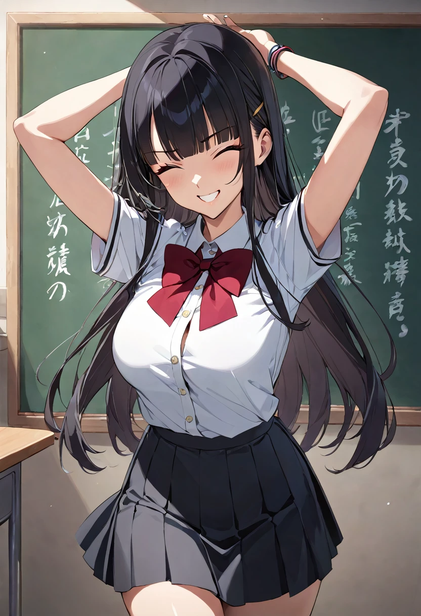 masterpiece, best quality, extremely detailed, anime, BREAK, 1girl, long black hair, blunt bangs, medium breast, BREAK, A cheerful girl with a confident expression, standing in front of a blackboard filled with perfect scores. She is smirking with one eye slightly closed, and her arms are raised in victory. pleaze skirt,
