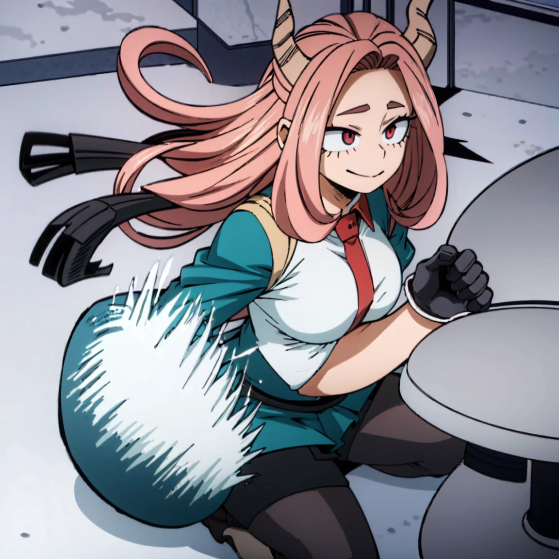 1girl, female focus, boku no hero academia, masterpiece, best quality, very aesthetic, big breasts, small black horns, long wavy hair, tea-pink hair, pink eyes, smile, gray jacket, red tie, white shirt, teal skirt, gray tights, boots 