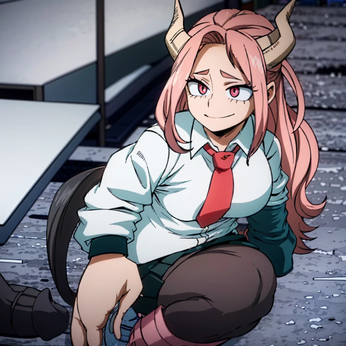 1girl, female focus, boku no hero academia, masterpiece, best quality, very aesthetic, big breasts, small black horns, long wavy hair, tea-pink hair, pink eyes, smile, gray jacket, red tie, white shirt, teal skirt, gray tights, boots 