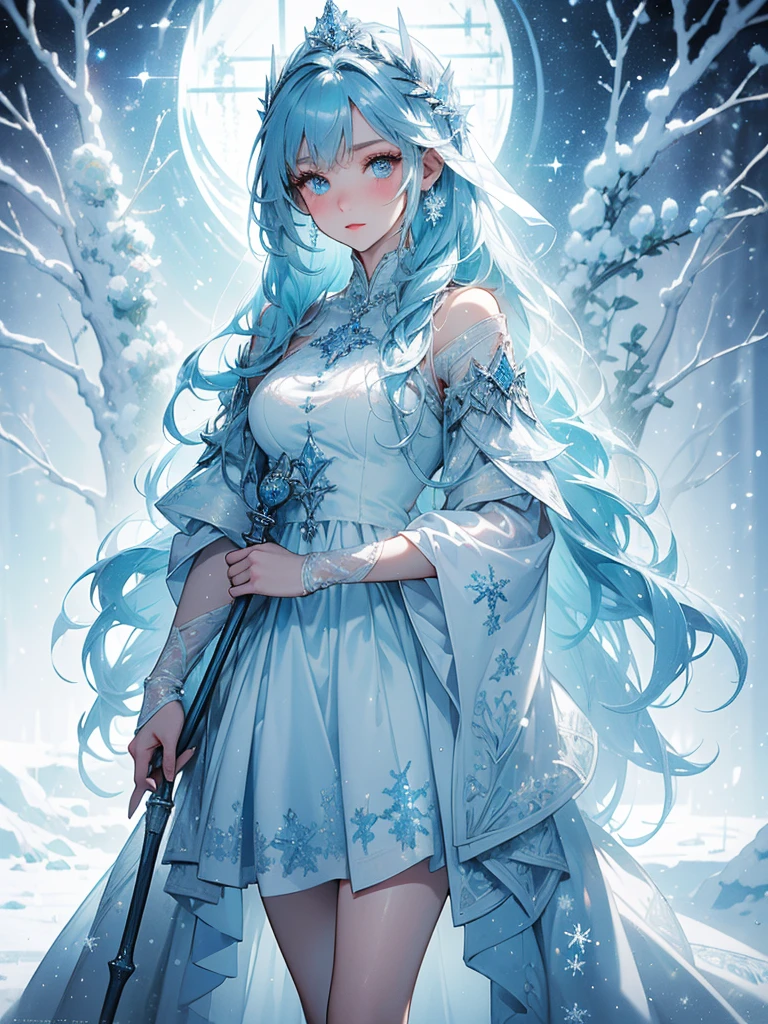 (((masterpiece, best quality, high detailed, 8k)))An icy and pristine artwork of a serene female character in a cold, wintry landscape. The full-body view reveals her dressed in blue and white clothes that mirror the icy surroundings. Her medium-length blue hair and light blue eyes radiate a cool, calming beauty. She holds an ice staff, embodying the essence of winter's purity.
The setting is a snowy forest with frost-covered trees and a frozen lake that glistens in the pale light. Snowflakes gently fall from the sky, and the air is crisp and clear, creating a serene and pristine atmosphere that enhances the character's icy elegance.
