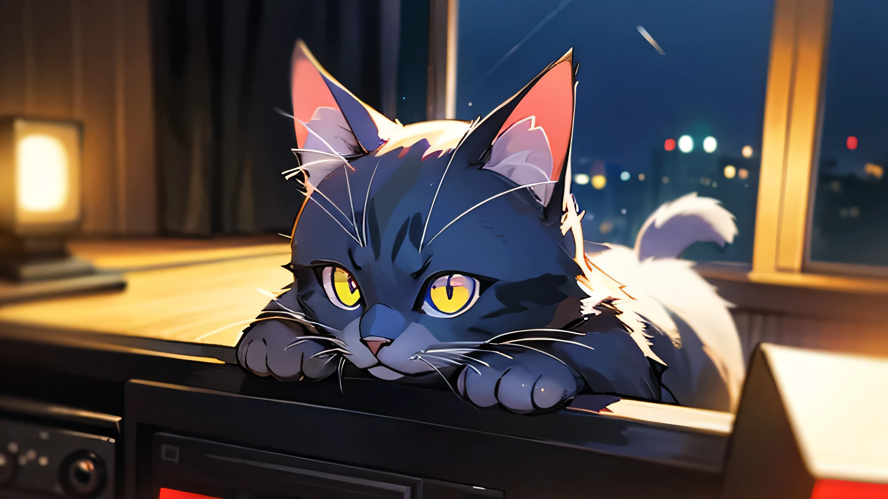 Room with speakers、Real Cat、Upper body close-up、night