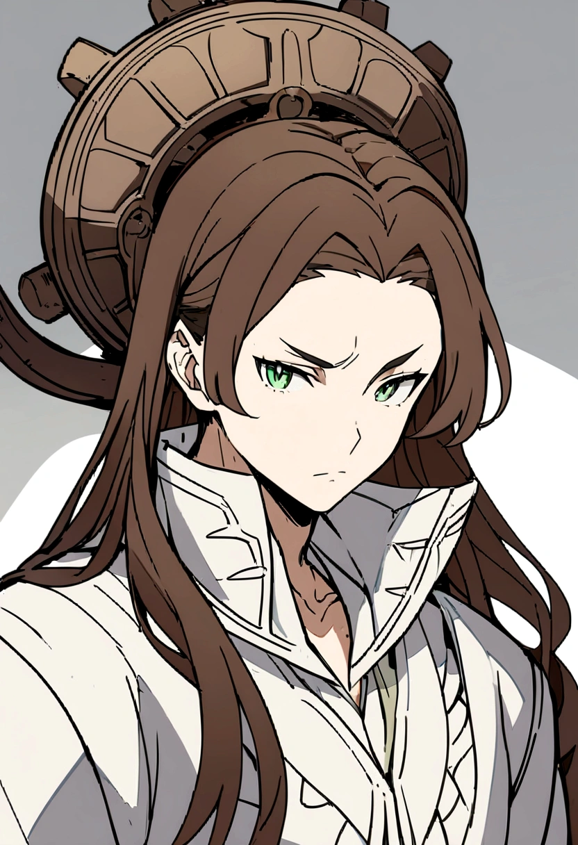 Masterpiece, High quality, High quality of art, best quality, best details, anime lineart, Re:Zero art style, 1boy, dark brown hair, Length of hair to the neck, dark brown green eyes color, Tall stature, Wheel of Tharma Over head, 