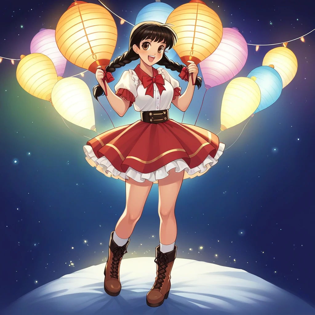 At night, a tall woman, messy short medium black hair with bangs, brown eyes, rock n roll style,  is at a lively Festa Junina, standing in front of a brightly decorated stall. She’s captured mid-twirl, her skirt flaring out in motion. She is wearing a traditional Festa Junina dress with colorful plaid patterns, ribbons, and lace, paired with brown ankle boots. Her hair is styled in two playful braids adorned with small colorful bows. She is holding a traditional corn on the cob in one hand and has a big, joyous smile on her face. The background features vibrant decorations, such as colorful flags, lanterns, and a Ferris wheel lit up against the night sky, enhancing the festive atmosphere. Camera Type: DSLR. Lens: 35mm f/1.8. Exposure Settings: ISO 800, f/2.0, 1/100s. Lighting: Festive lights from the fair with a soft spotlight on her.
Composition: she is in the center, captured mid-twirl, creating a dynamic and joyful image. The colorful background and festive lights enhance the celebratory mood of the event.