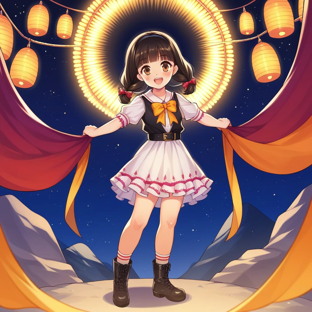 At night, a tall woman, messy short medium black hair with bangs, brown eyes, rock n roll style,  is at a lively Festa Junina, standing in front of a brightly decorated stall. She’s captured mid-twirl, her skirt flaring out in motion. She is wearing a traditional Festa Junina dress with colorful plaid patterns, ribbons, and lace, paired with brown ankle boots. Her hair is styled in two playful braids adorned with small colorful bows. She is holding a traditional corn on the cob in one hand and has a big, joyous smile on her face. The background features vibrant decorations, such as colorful flags, lanterns, and a Ferris wheel lit up against the night sky, enhancing the festive atmosphere. Camera Type: DSLR. Lens: 35mm f/1.8. Exposure Settings: ISO 800, f/2.0, 1/100s. Lighting: Festive lights from the fair with a soft spotlight on her.
Composition: she is in the center, captured mid-twirl, creating a dynamic and joyful image. The colorful background and festive lights enhance the celebratory mood of the event.