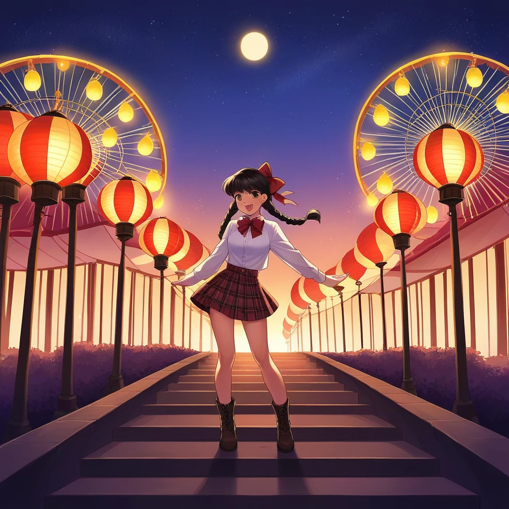 At night, a tall woman, messy short medium black hair with bangs, brown eyes, rock n roll style, is at a lively Festa Junina, standing in front of a brightly decorated stall. She’s captured mid-twirl, her skirt flaring out in motion. She is wearing a traditional Festa Junina dress with colorful plaid patterns, ribbons, and lace, paired with brown ankle boots. Her hair is styled in two playful braids adorned with small colorful bows. She is holding a traditional corn on the cob in one hand and has a big, joyous smile on her face. The background features vibrant decorations, such as colorful flags, lanterns, and a Ferris wheel lit up against the night sky, enhancing the festive atmosphere. Camera Type: DSLR. Lens: 35mm f/1.8. Exposure Settings: ISO 800, f/2.0, 1/100s. Lighting: Festive lights from the fair with a soft spotlight on her.
Composition: she is in the center, captured mid-twirl, creating a dynamic and joyful image. The colorful background and festive lights enhance the celebratory mood of the event.