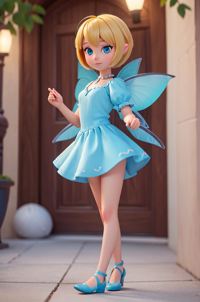 A professional high-quality photo, in 4K resolution, a fairy with short hair blonde and eyes blue, holds out a hand towards the photographic camera