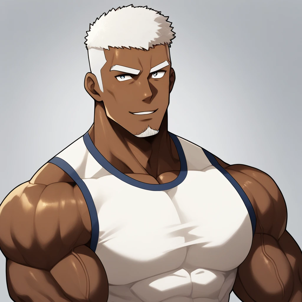 negro, anime characters:Gyee, Fitness coach, negro black skin, 1 muscular tough guy, Manliness, male focus, Cream White Sleeveless Tight T-Shirt, Very tight, The pectoral muscles are oversized, Slightly transparent, muscular male, muscular, only, Upper body, alone, White short hair, Thick eyebrows, stubble, Obsidian-like pupils, Shiny, Grey background, simple background, amazing quality, best aesthetics, Ridiculous, bright pupils, crew cut, parted lips, seductive smile, torogao, naughty face, drop shadow, best quality