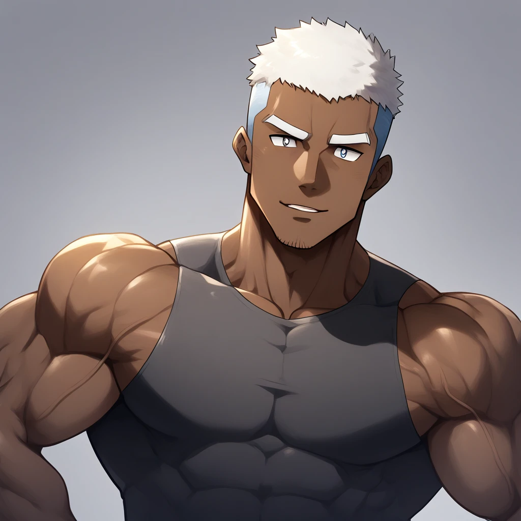 negro, anime characters:Gyee, Fitness coach, negro black skin, 1 muscular tough guy, Manliness, male focus, Cream White Sleeveless Tight T-Shirt, Very tight, The pectoral muscles are oversized, Slightly transparent, muscular male, muscular, only, Upper body, alone, White short hair, Thick eyebrows, stubble, Obsidian-like pupils, Shiny, Grey background, simple background, amazing quality, best aesthetics, Ridiculous, bright pupils, crew cut, parted lips, seductive smile, torogao, naughty face, drop shadow, best quality