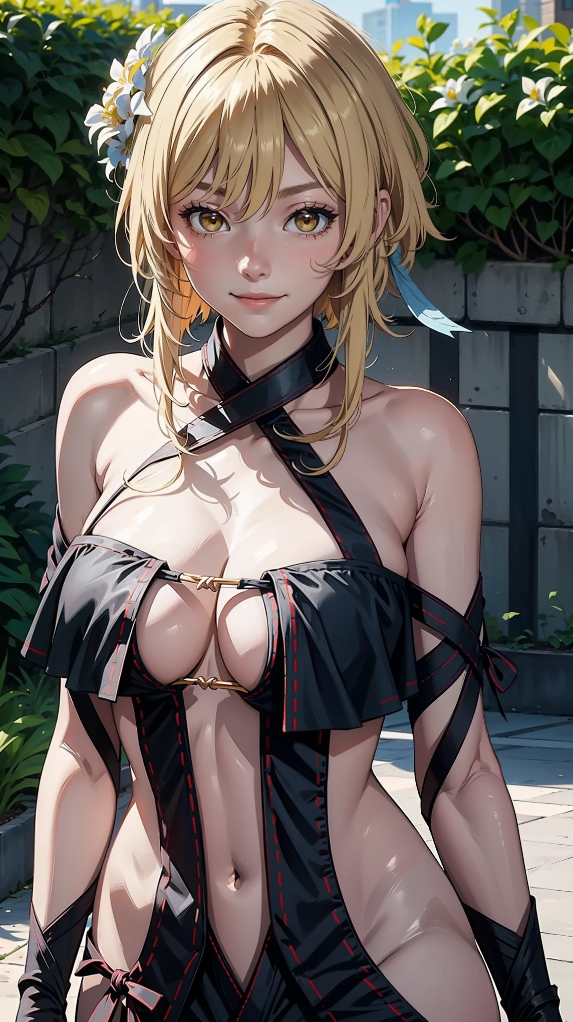 (Luminernd),masterpiece,huge breast, outdoors, looking at viewer, detail eyes, detail face, standing, smile, (front view:1.3), Yu Mei-Ren (Fate) Clothing, upper body shot