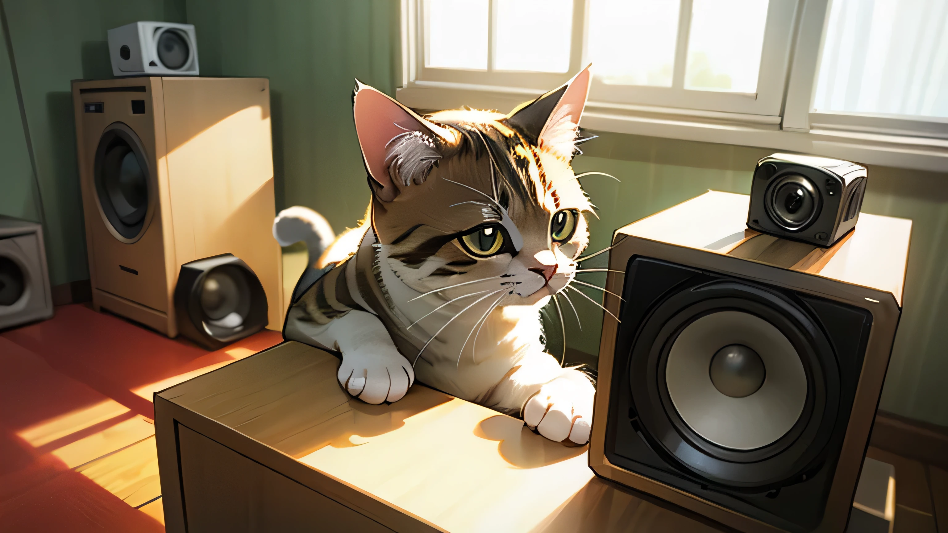 Room with speakers、Real Cat、Upper body close-up、noon