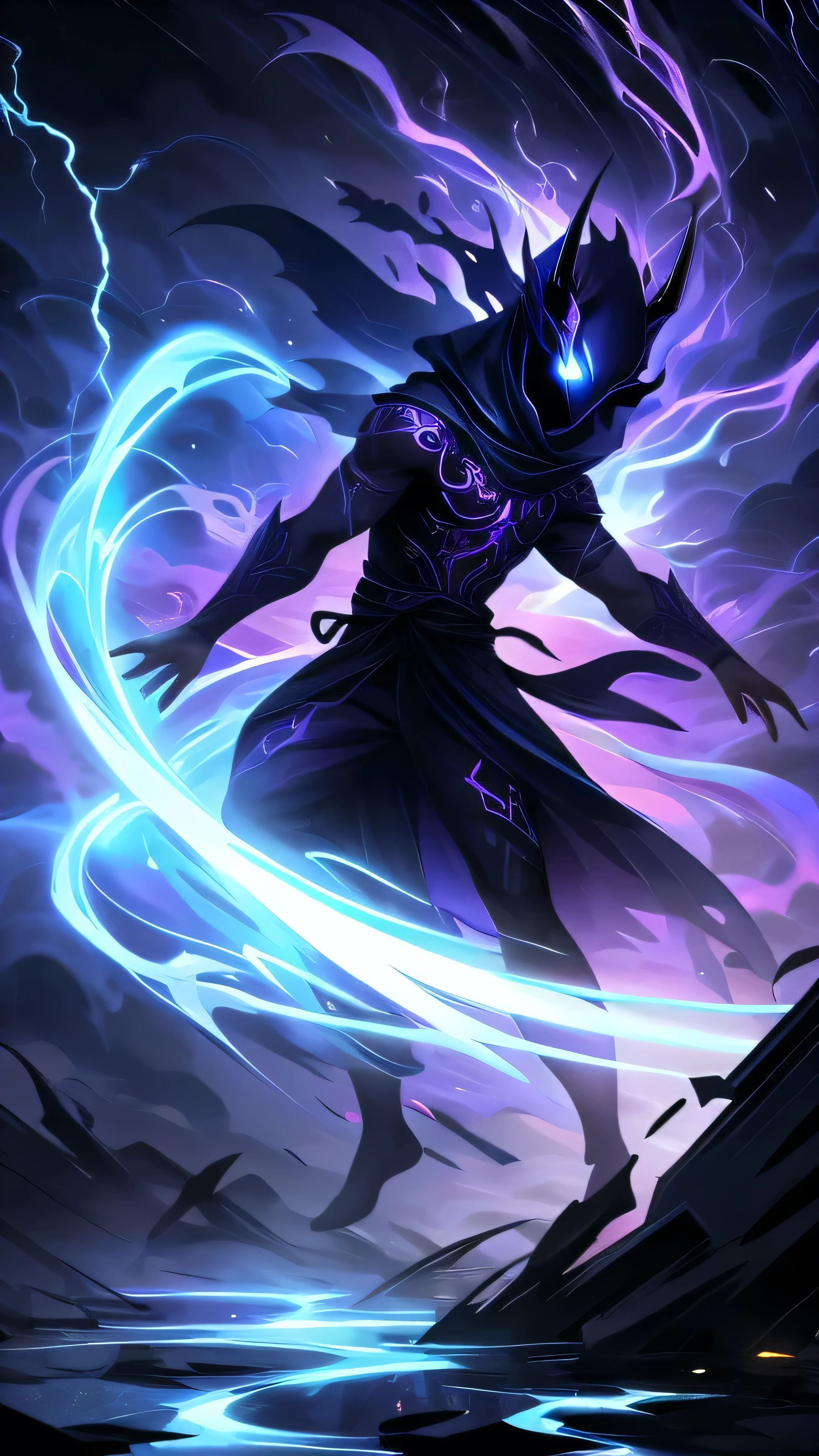 A male figure shrouded in ethereal blue lightning，Reflective dark purple pattern. His mysterious presence indicates a close connection with infernal forces. A purple shadow fell over him, The mysterious dance of creation, Destruction and resurrection,